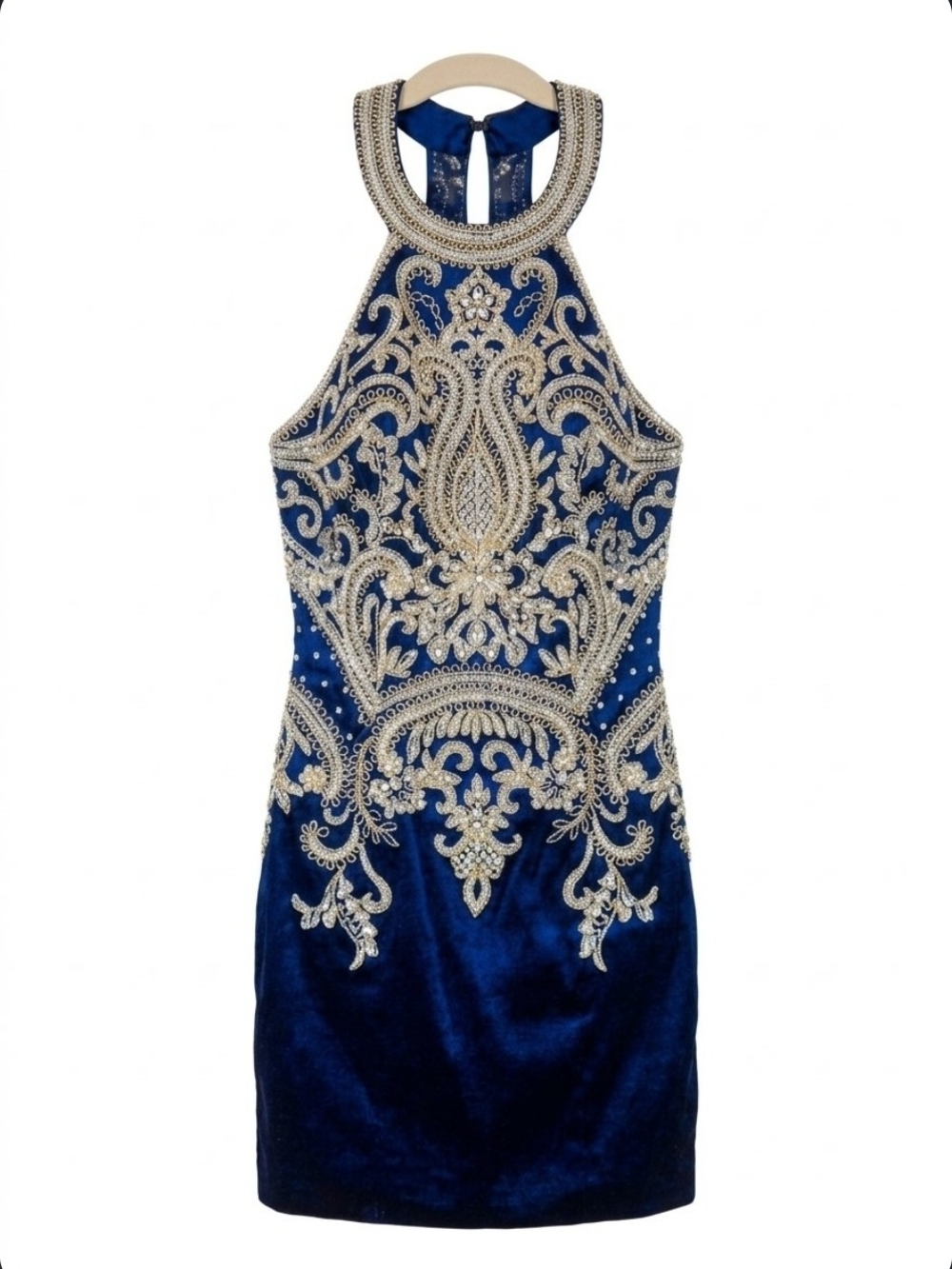 Beaded Halter Mini Dress - Navy Blue